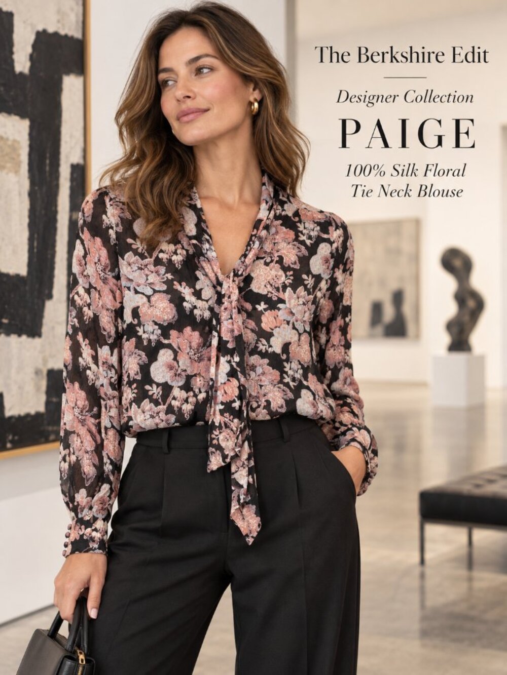 PAIGE 100% Silk Floral Tie Neck Blouse Black Multi S Sheer Georgette